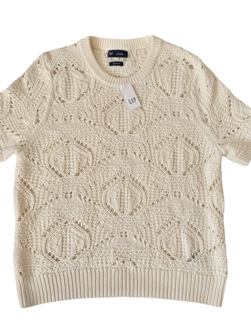 NWT GAP Women’s Ivory Beige 100% Cotton Crochet Short Sleeve Sweater Size M